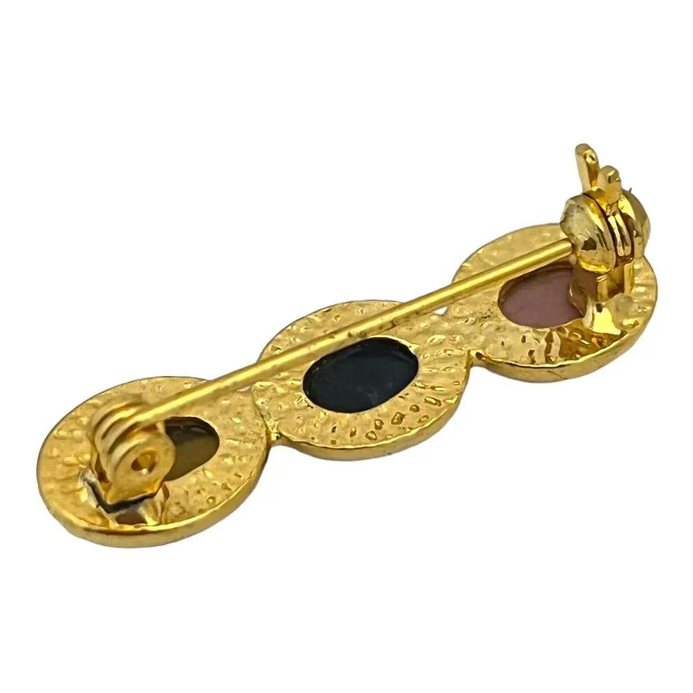 Vintage 1970s Scarab Brooch Onyx Jasper Tiger Eye Gold Tone Egyptian Revival- 5T